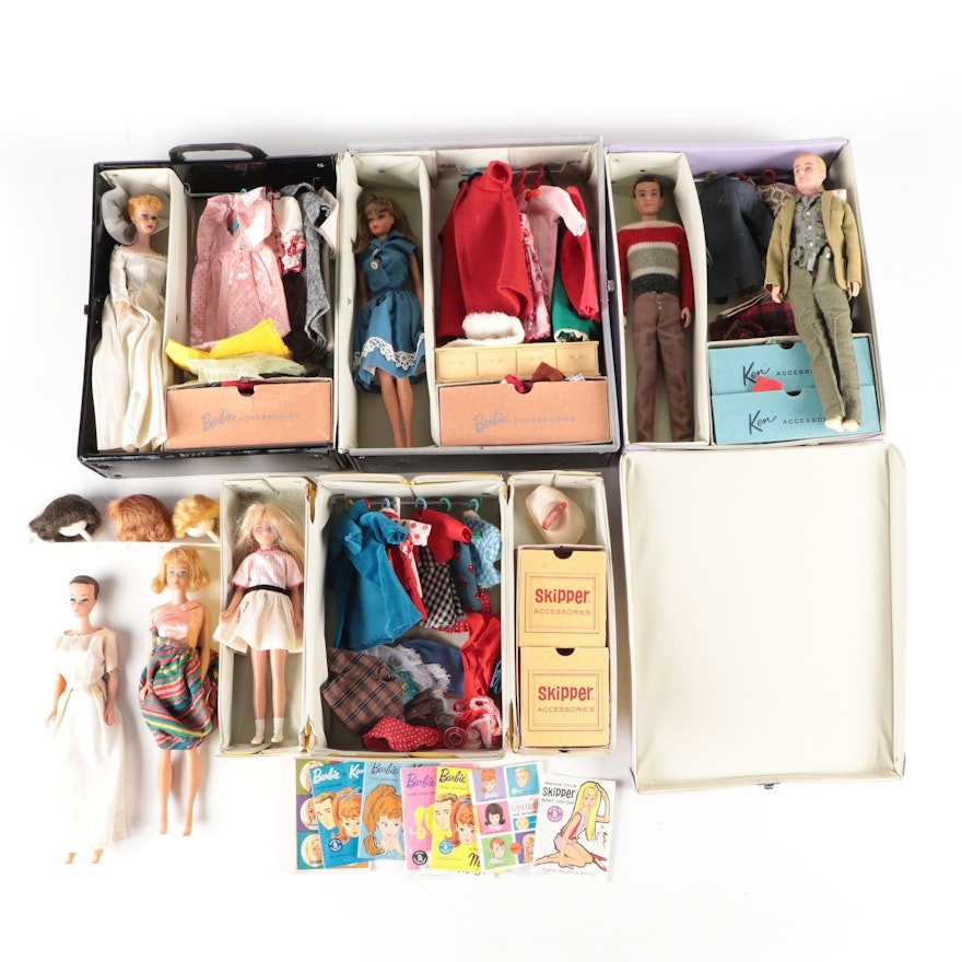 Mattel Barbie, Midge, Skipper, Ken Dolls with Clothes, Carrying Cases, 1960s