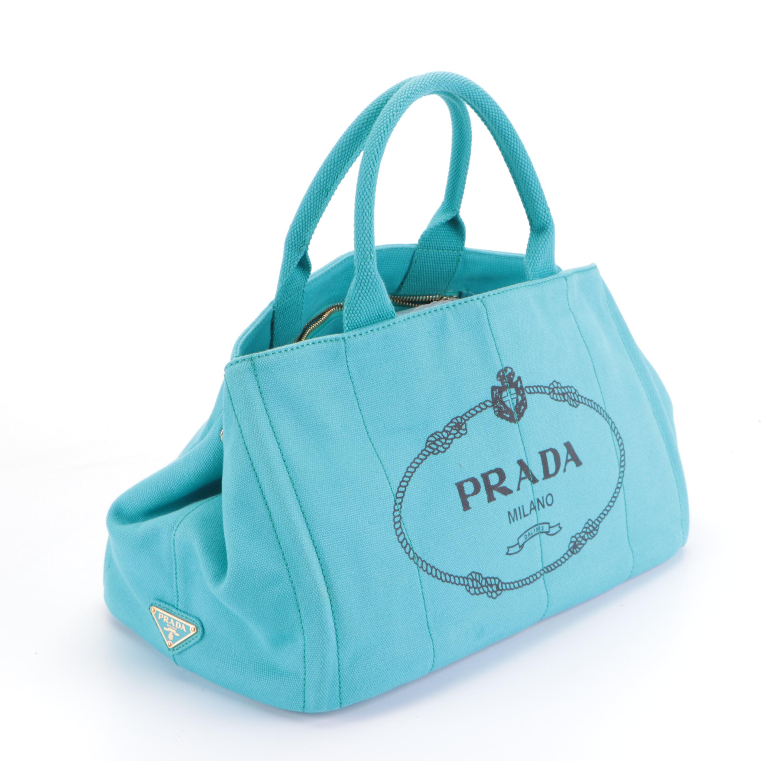 Prada Flat Bottom Canapa Logo Medium Tote in Turquoise