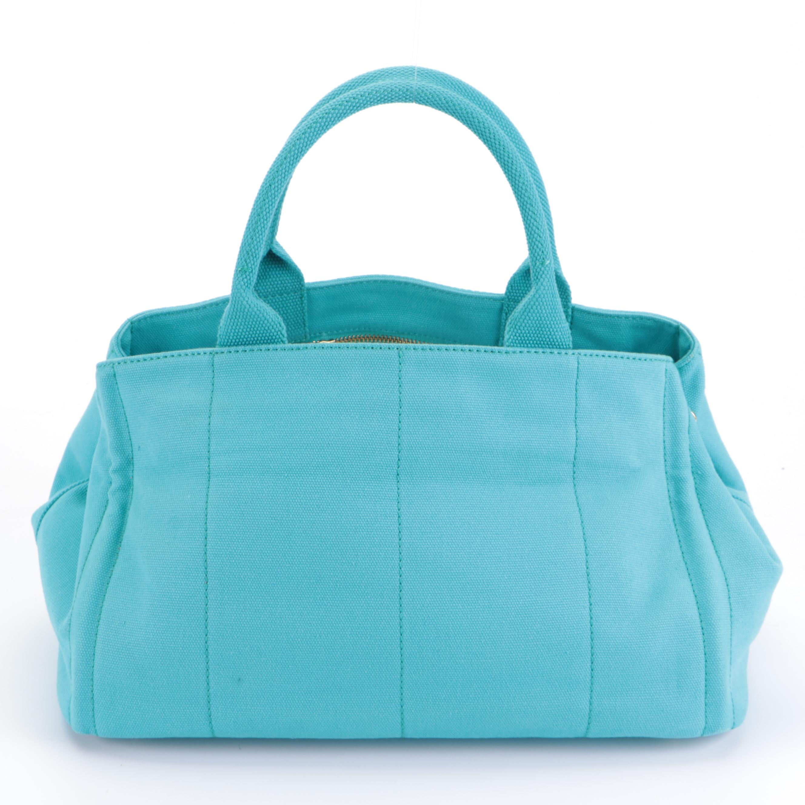 Prada Flat Bottom Canapa Logo Medium Tote in Turquoise