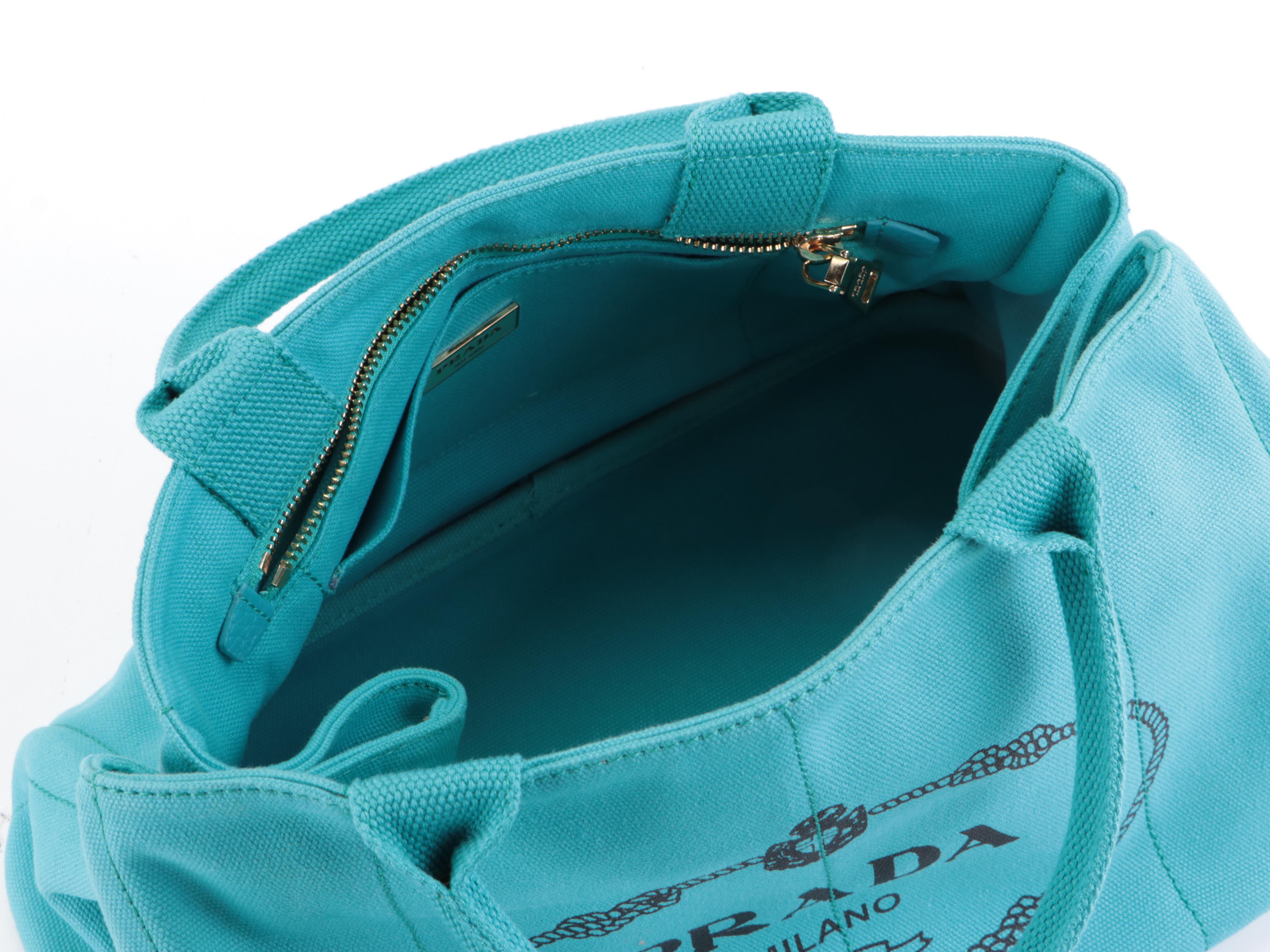 Prada Flat Bottom Canapa Logo Medium Tote in Turquoise