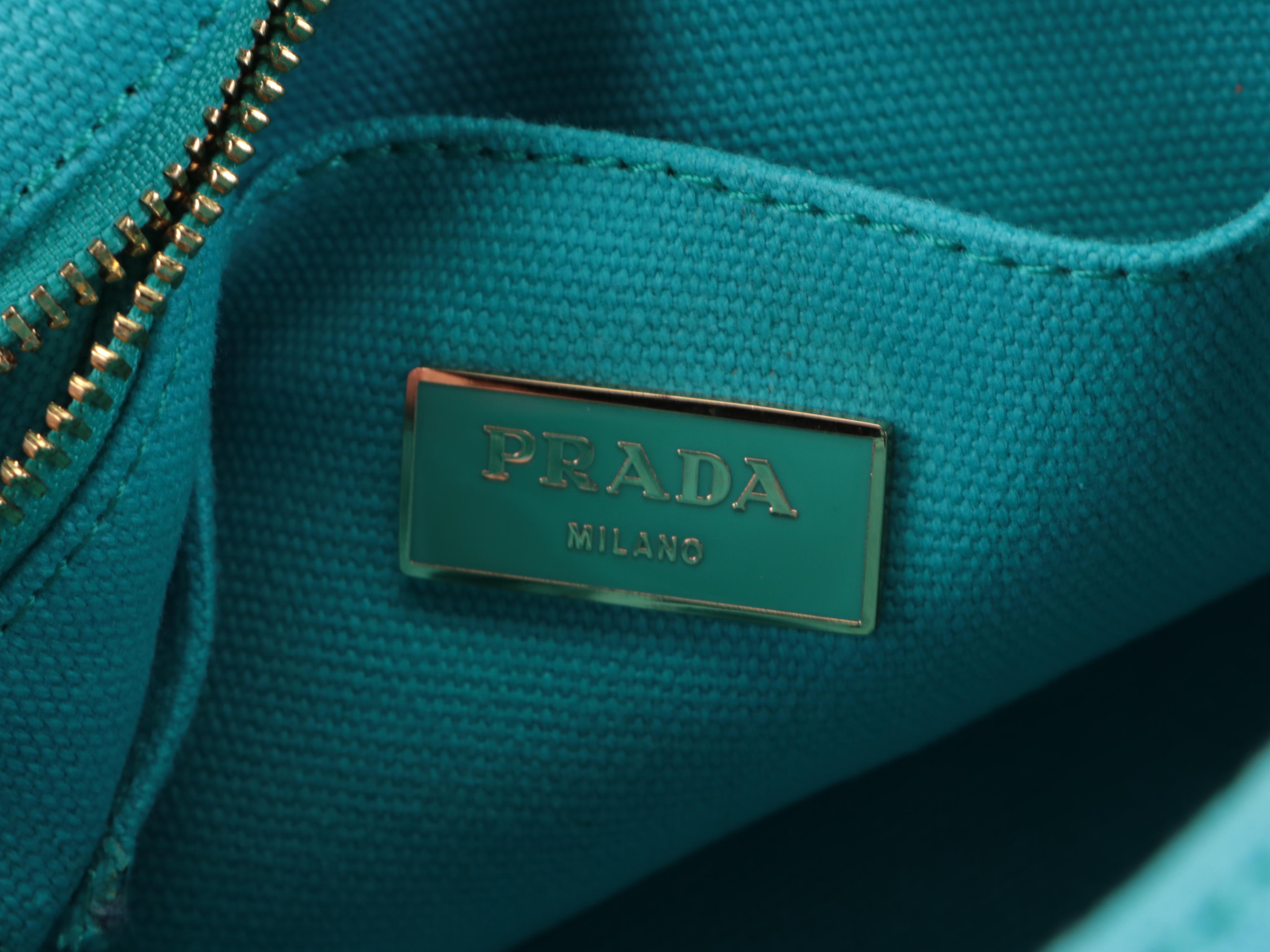 Prada Flat Bottom Canapa Logo Medium Tote in Turquoise