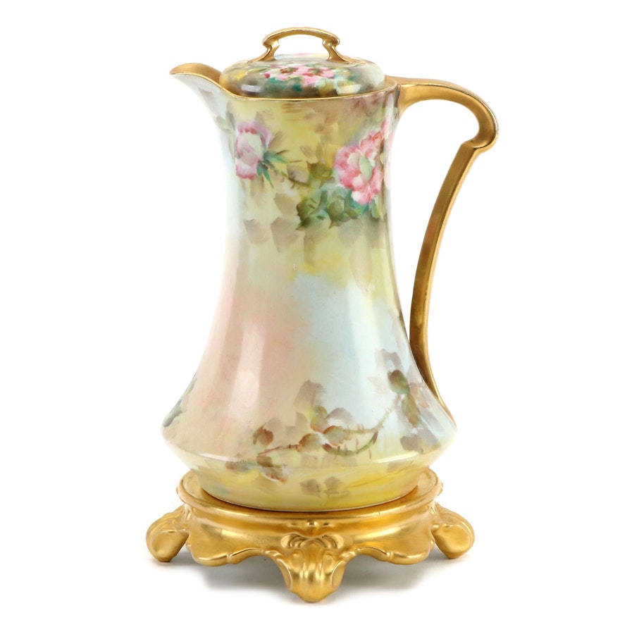 Porcelain Limousine Limoges Floral and Gilt Decorated Chocolate Pot