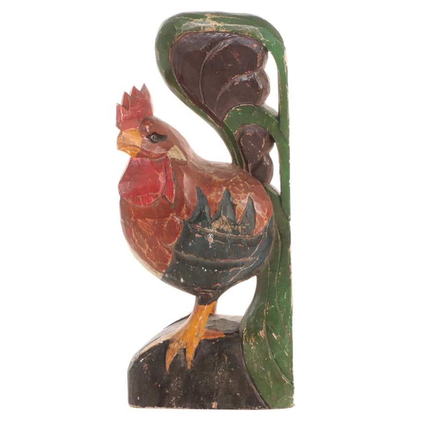 Handcrafted Folk Art Style Polychrome Wood Rooster Figure