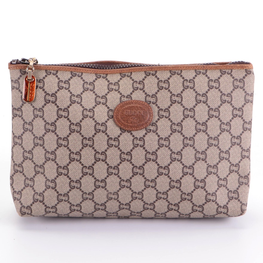 Gucci Plus Zip Pouch in GG Coated Canvas with Leather Trim
