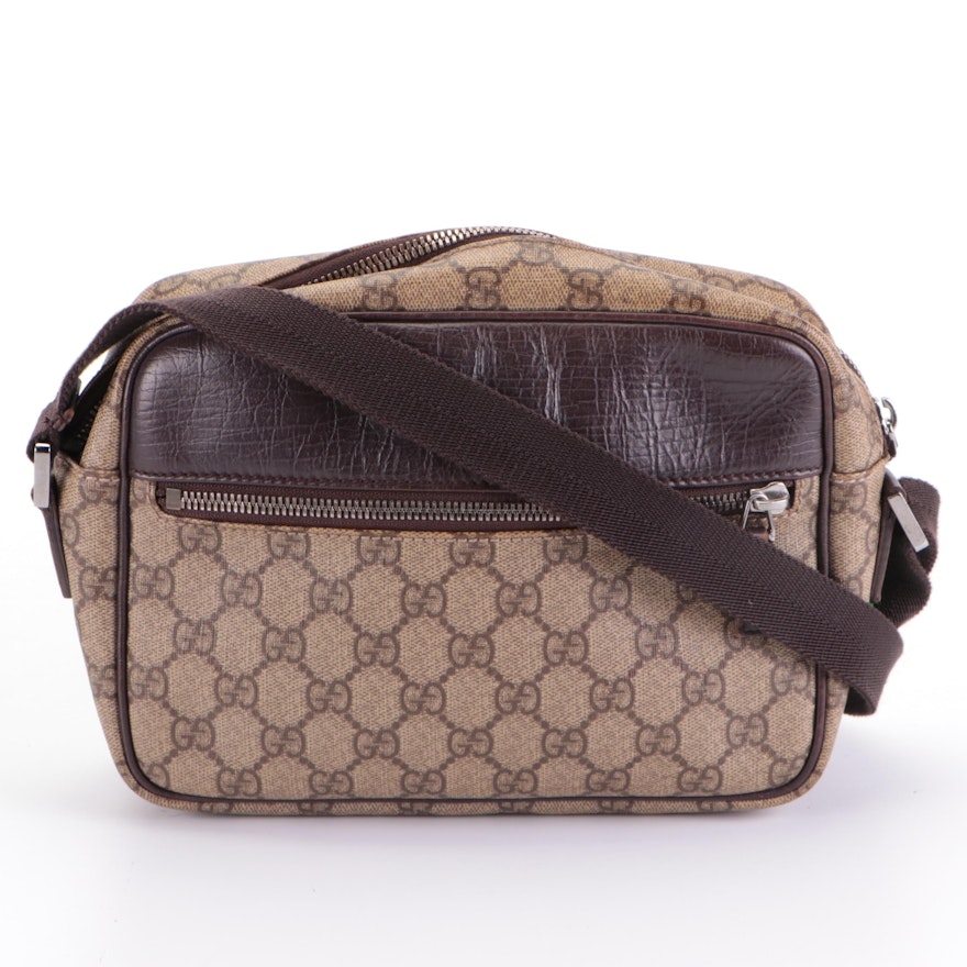 Gucci Crossbody Bag in GG Supreme Canvas and Dark Brown Leather