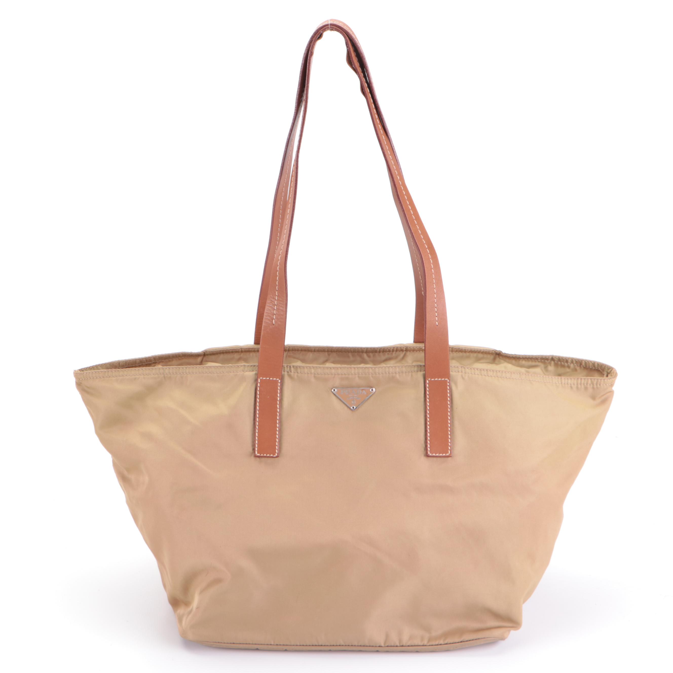 Prada Zip-Top Shoulder Tote Bag in Nylon Tessuto with Leather Trim
