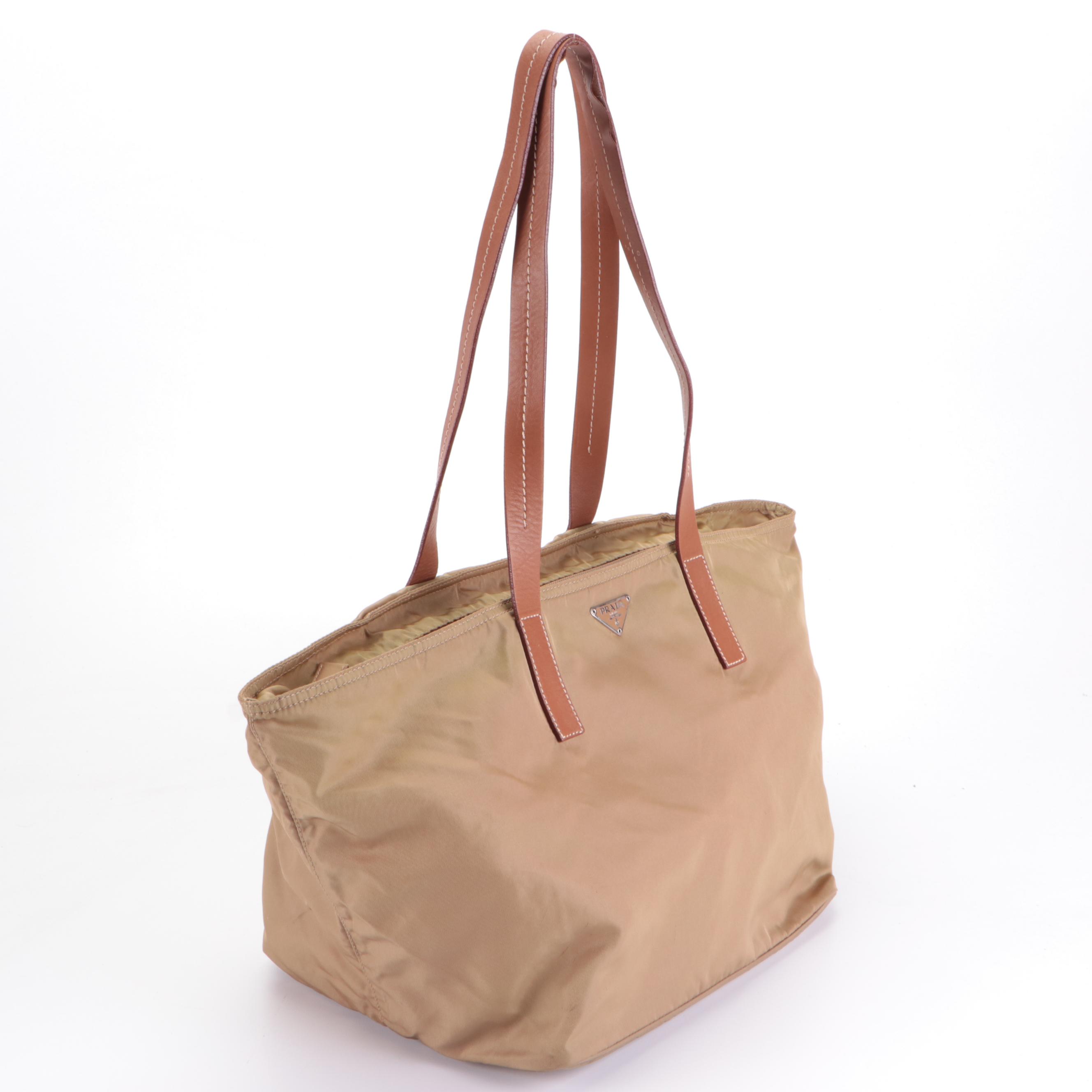 Prada Zip-Top Shoulder Tote Bag in Nylon Tessuto with Leather Trim