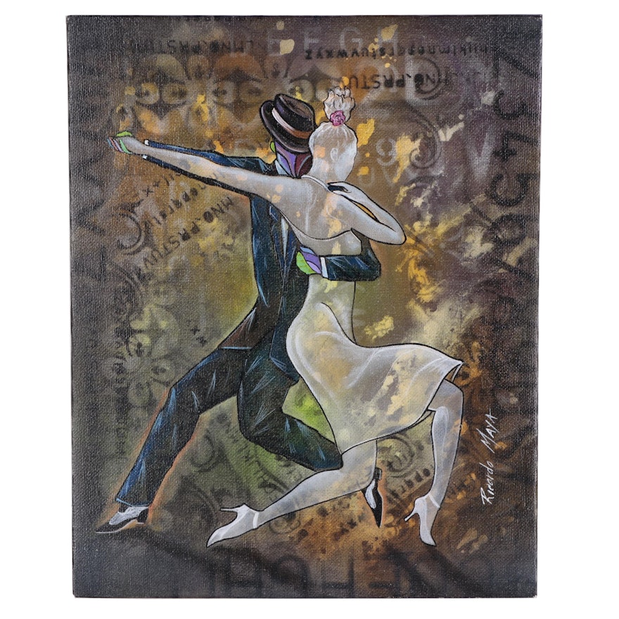 Ricardo Maya Abstract Acrylic Painting of Two Dancers, 21st Century