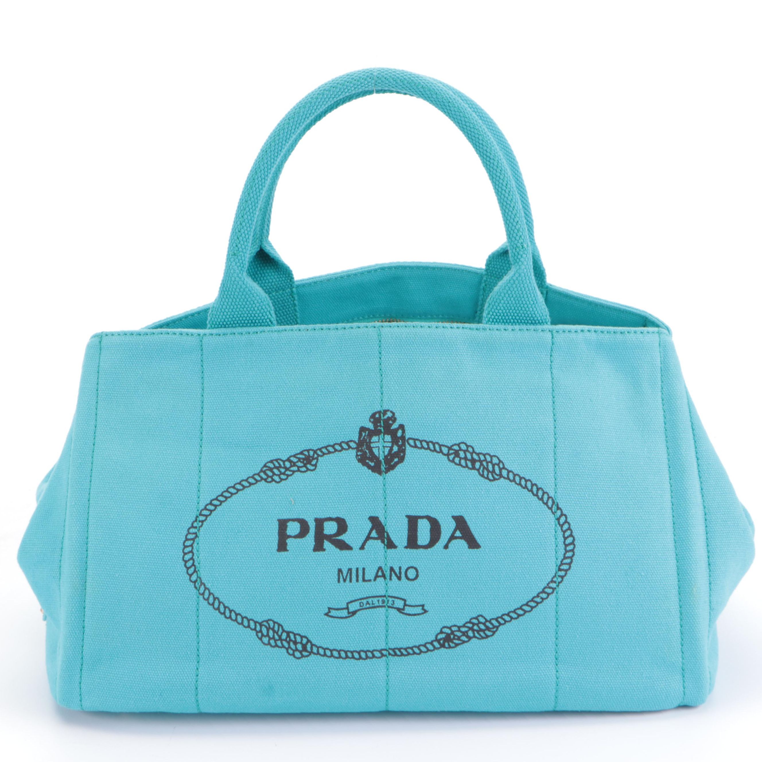 Prada Flat Bottom Canapa Logo Medium Tote in Turquoise