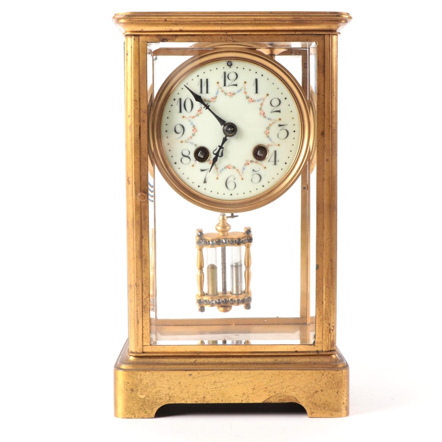 French Brass and Four Glass Mantel Clock, Early to Mid 20th Century