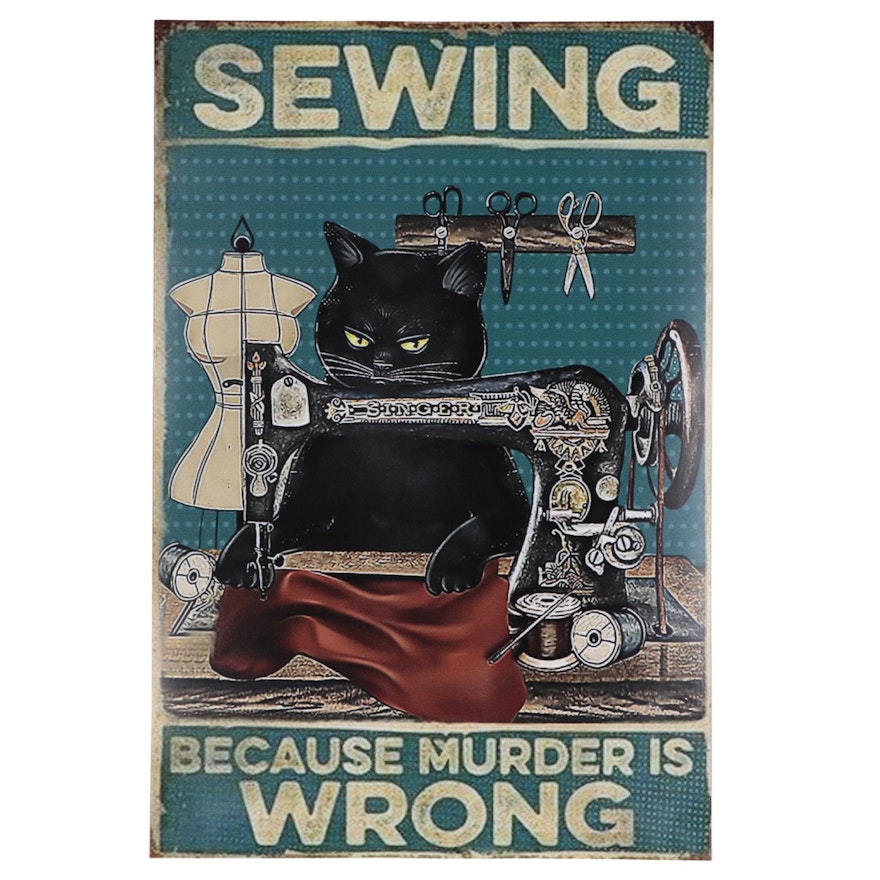 Giclée of a Black Cat Sewing, 21st Century