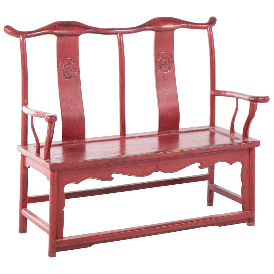 Chinese Red-Lacquered Double Yoke-Back Bench