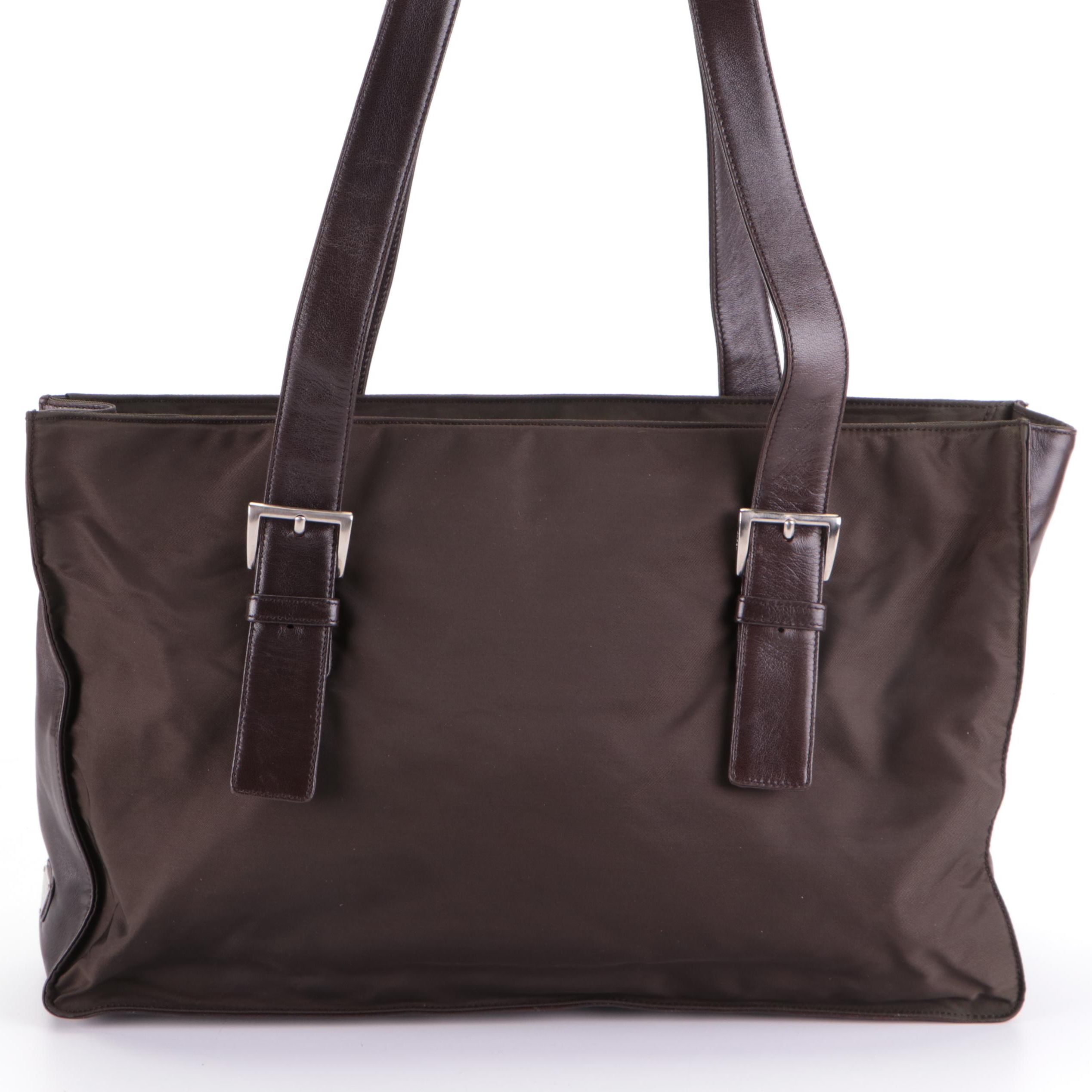 Prada Flat Shoulder Tote in Olive Brown Nylon Tessuto and Dark Brown Lambskin