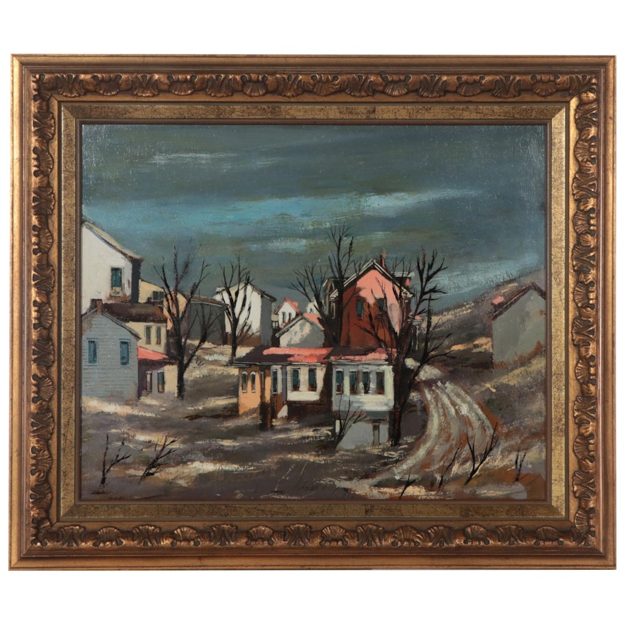 Robert Fabe (Attributed) Winter Townscape Oil Painting, Late 20th Century