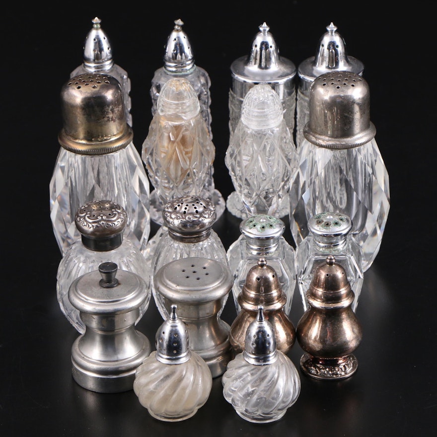 Cut Glass Sterling Capped with Other Silver Plate and Glass Shakers and Mills
