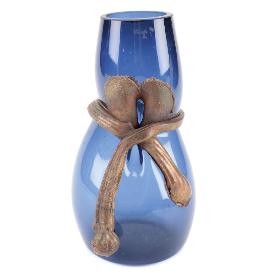 Blown Blue Art Glass Cinched Vase with Bronze Overlay, Mid to Late 20th Century