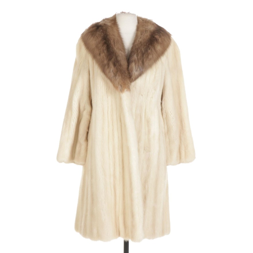 Albert White Mink Fur Coat with Marten Fur Shawl Collar