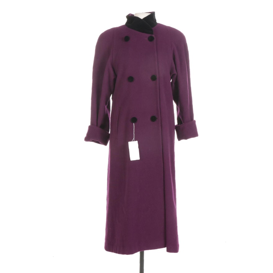 Velvet-Accented Wool Blend Long Coat, 1980s