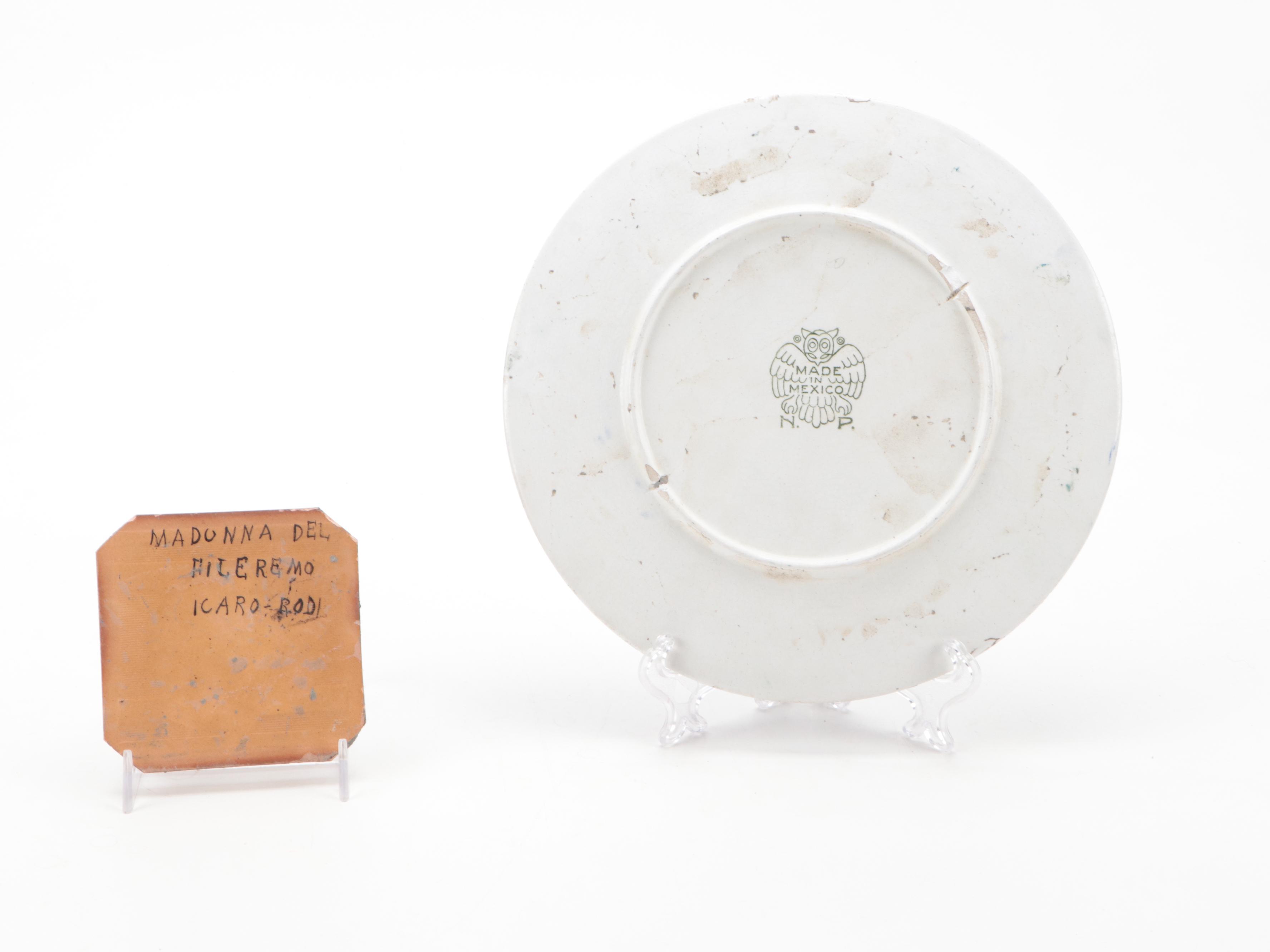 Mexican Glazed Ceramic Plate with Icaro Rodi Madonna Ceramic Tile, 20th Century