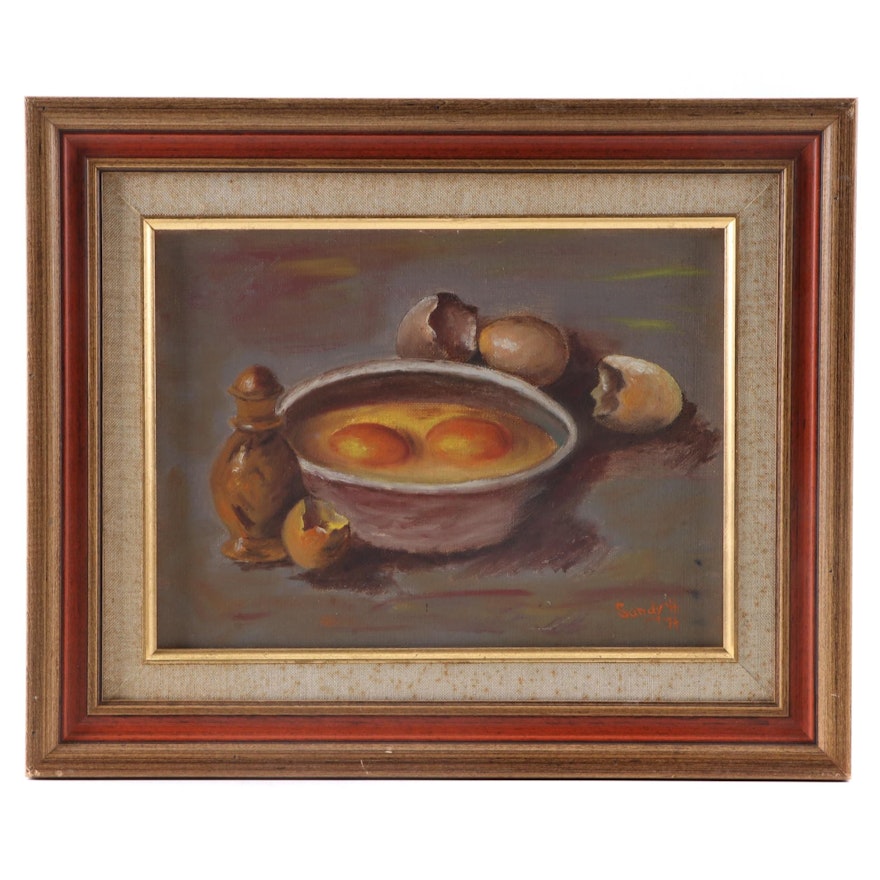 Sandy H. Still Life Oil Painting of Eggs, 1974