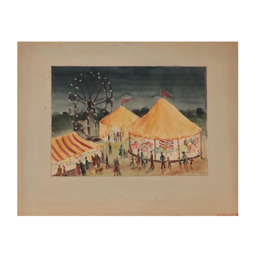 Patricia Brigham Watercolor Painting of Fairground, Mid to Late 20th Century