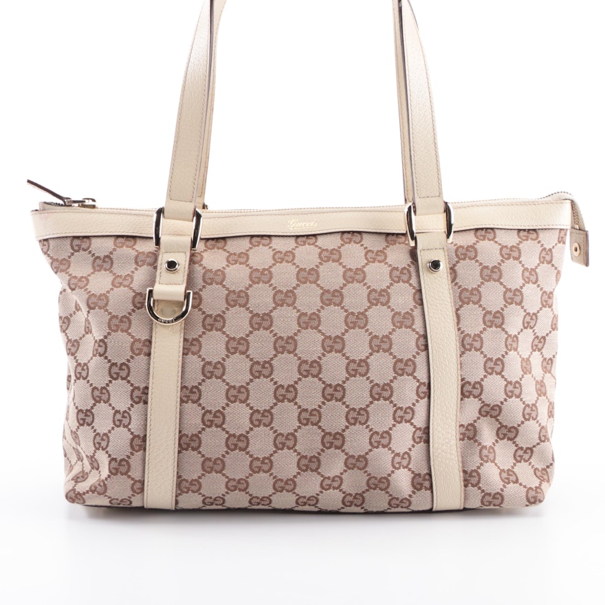 Gucci Abbey Shoulder Tote Bag Medium in GG Canvas and Beige Leather