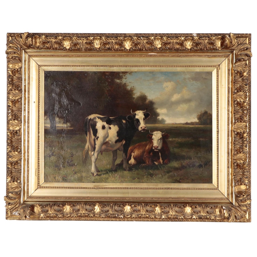 Robert Atkinson Fox Pasture Oil Painting of Cows, Early 20th Century