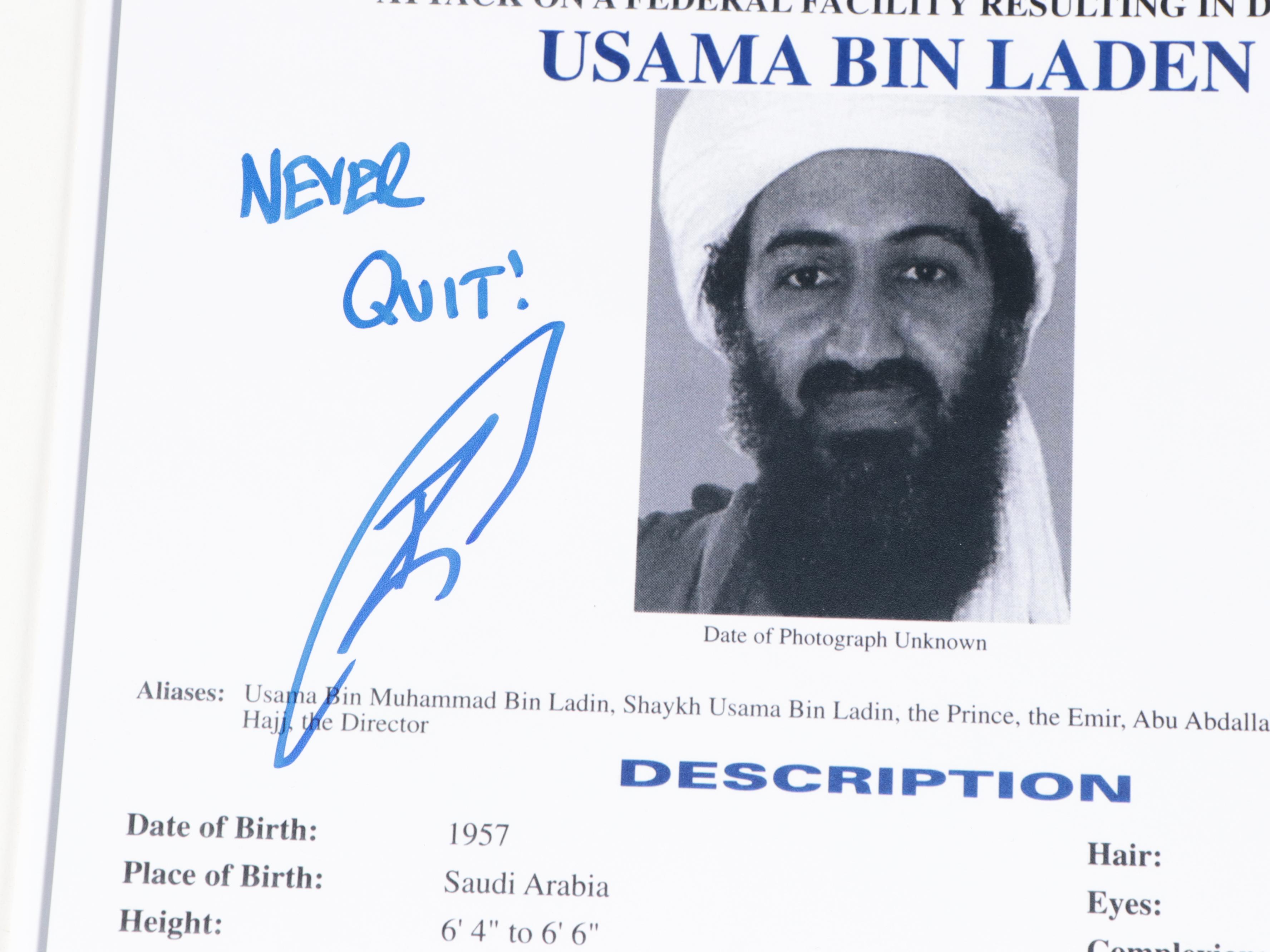 Robert O'Neill Signed Usama Bin Laden "Never Quit" FBI Wanted Poster Print, JSA