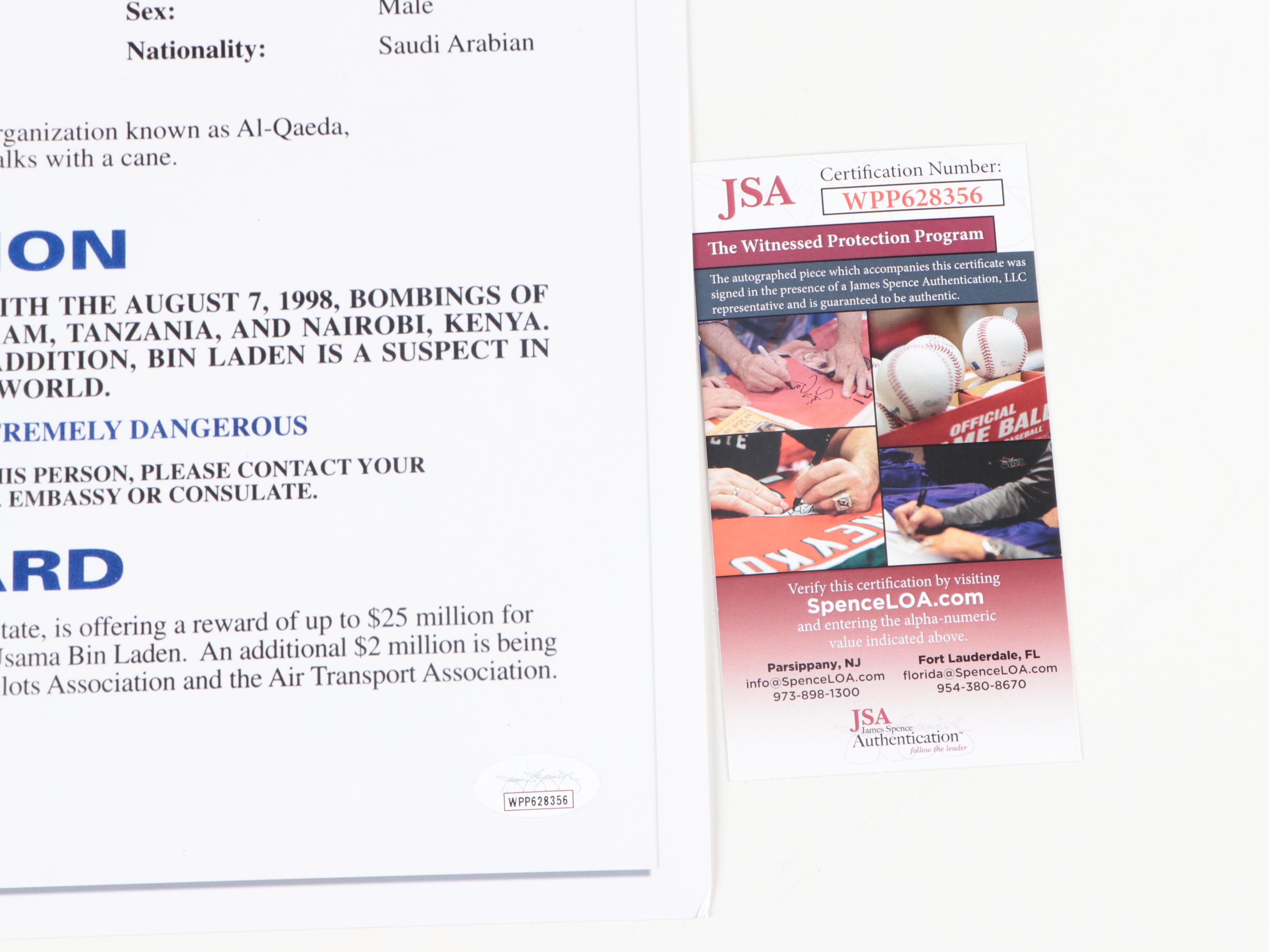 Robert O'Neill Signed Usama Bin Laden "Never Quit" FBI Wanted Poster Print, JSA