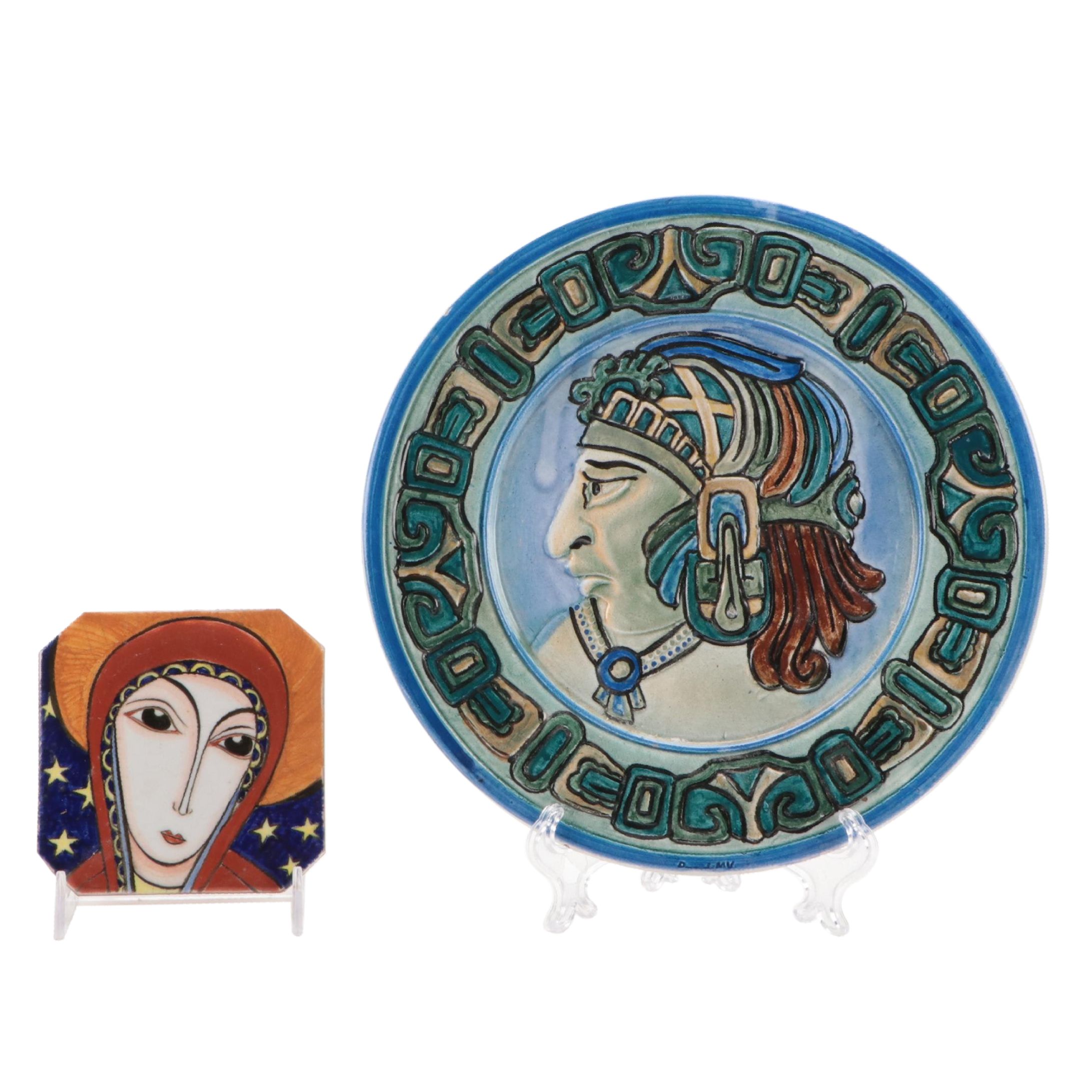 Mexican Glazed Ceramic Plate with Icaro Rodi Madonna Ceramic Tile, 20th Century