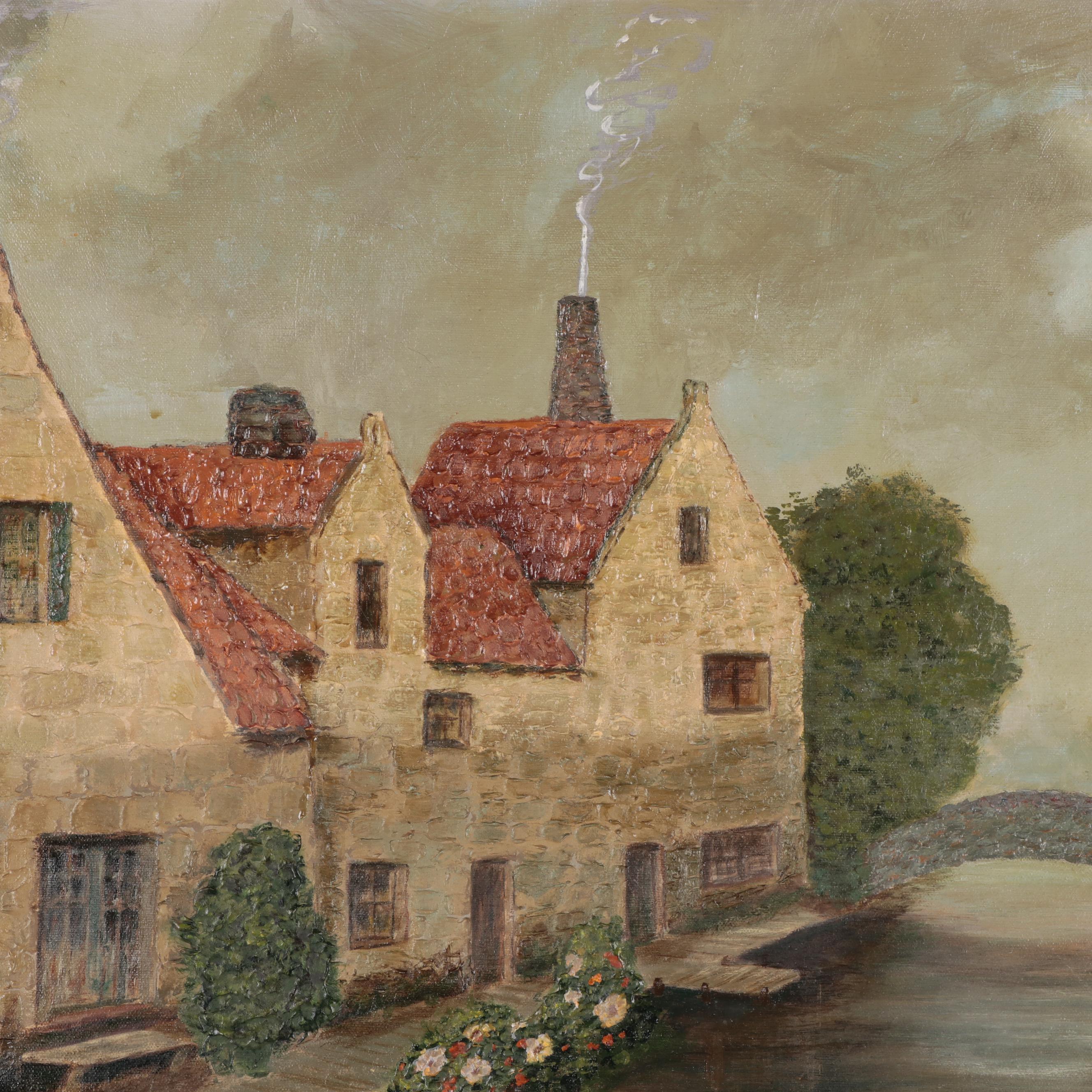 Oil Painting of Belgium Canal Houses, Circa 1970