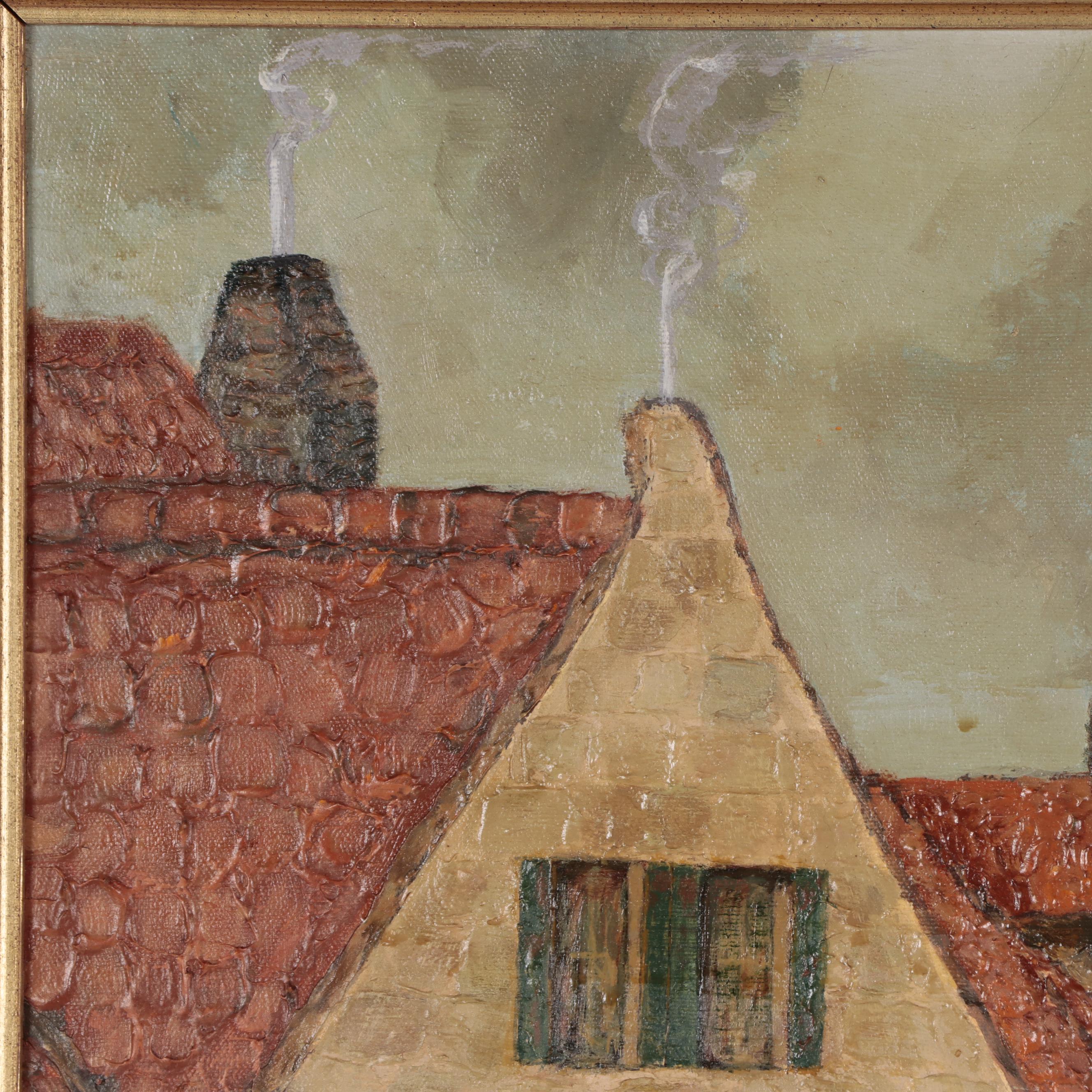 Oil Painting of Belgium Canal Houses, Circa 1970