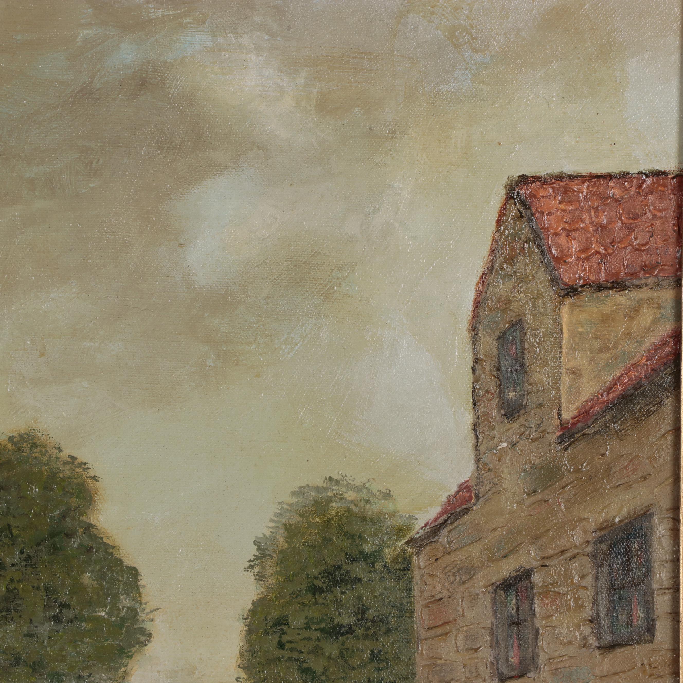 Oil Painting of Belgium Canal Houses, Circa 1970