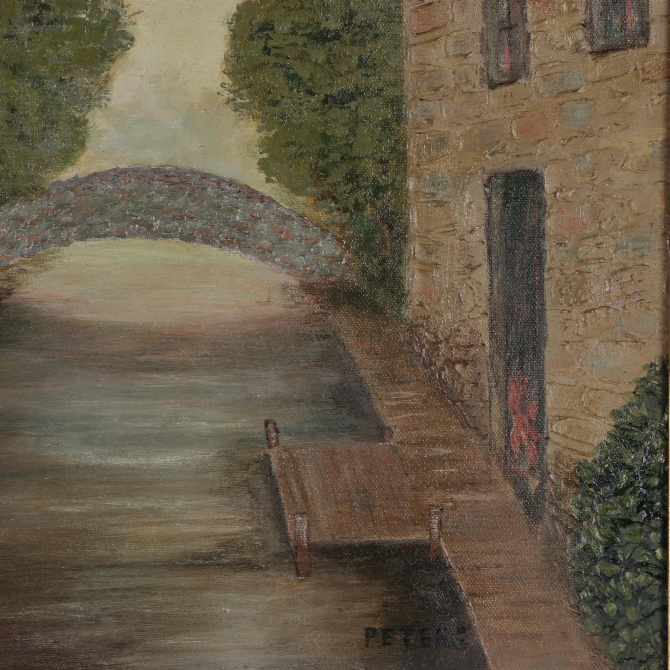 Oil Painting of Belgium Canal Houses, Circa 1970