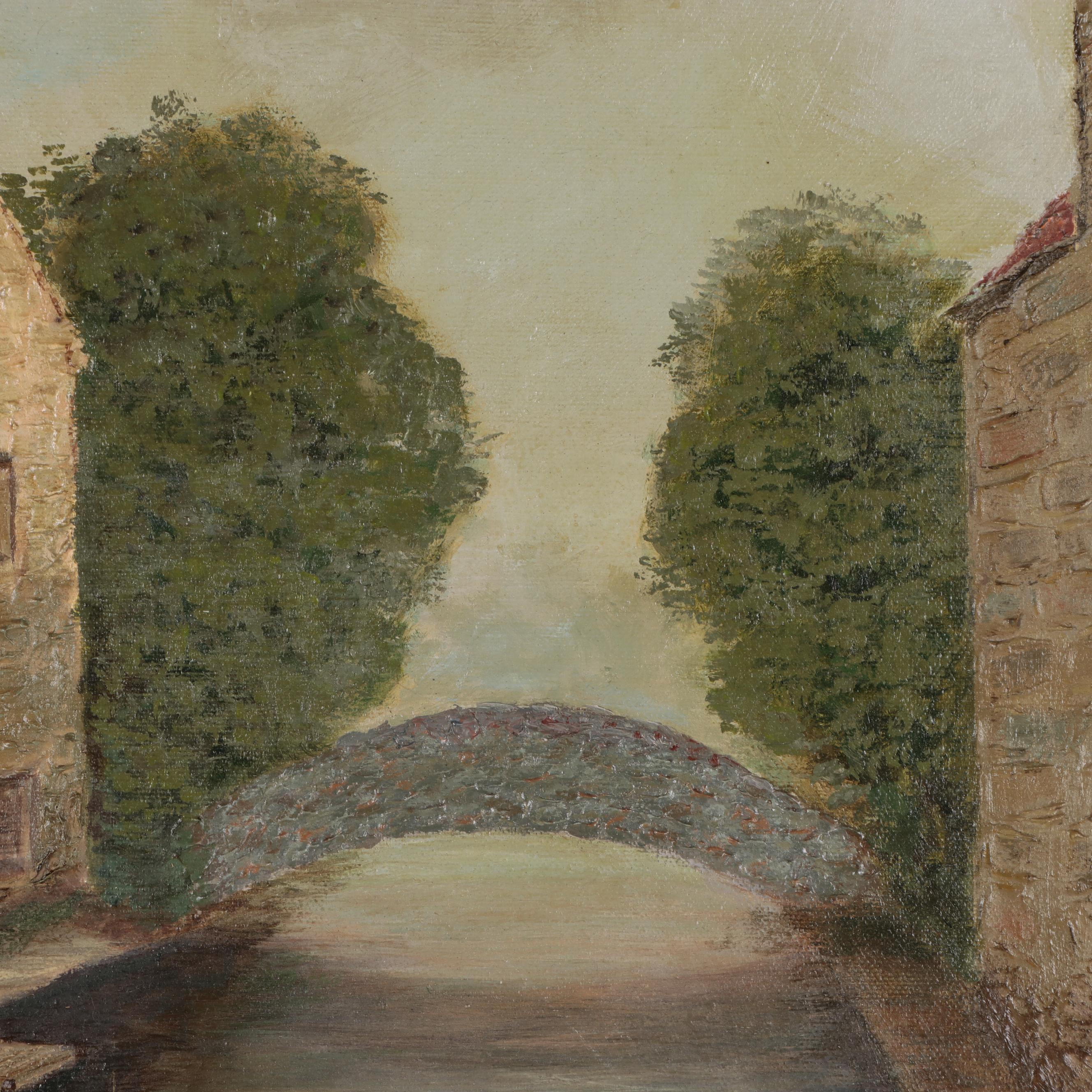 Oil Painting of Belgium Canal Houses, Circa 1970