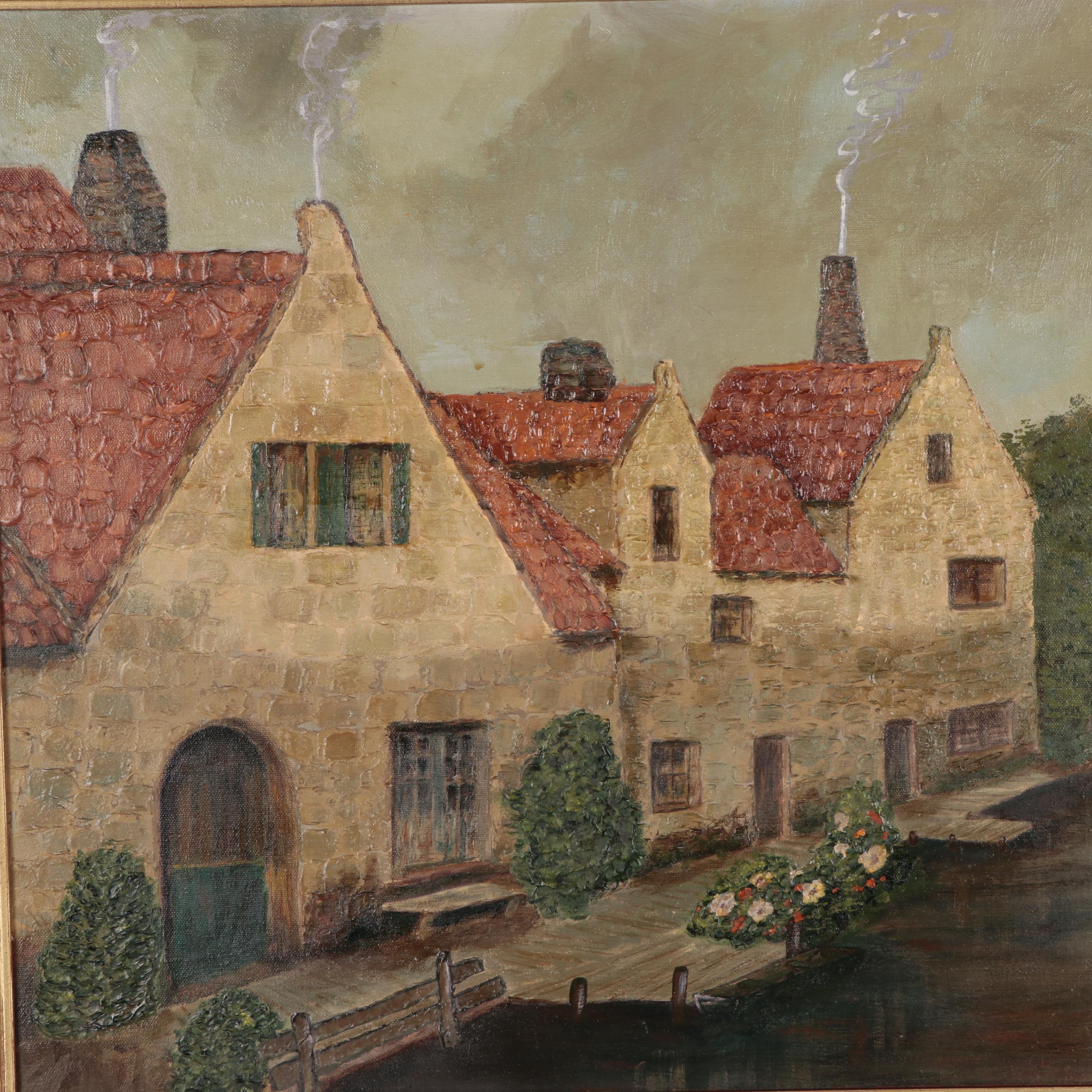 Oil Painting of Belgium Canal Houses, Circa 1970