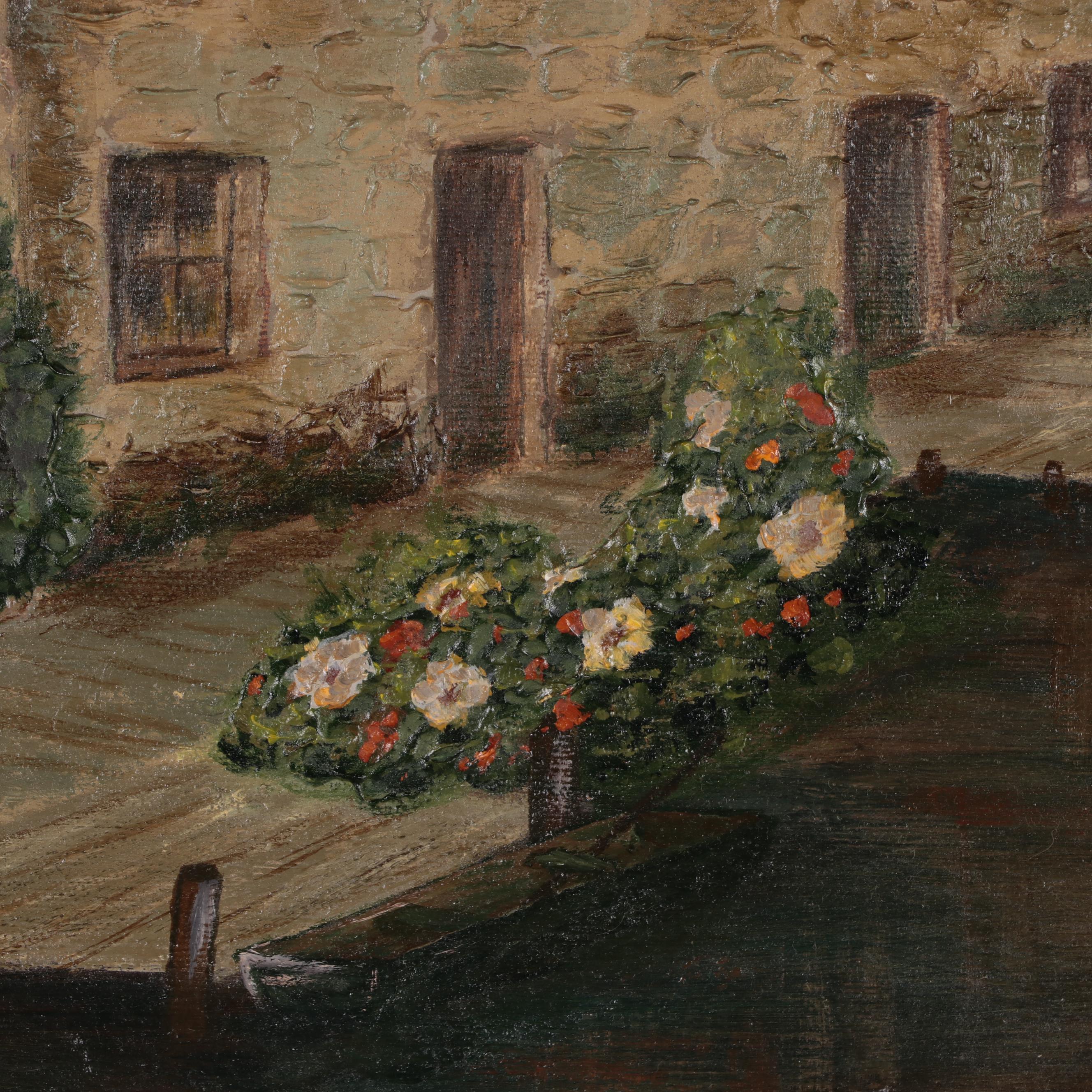 Oil Painting of Belgium Canal Houses, Circa 1970