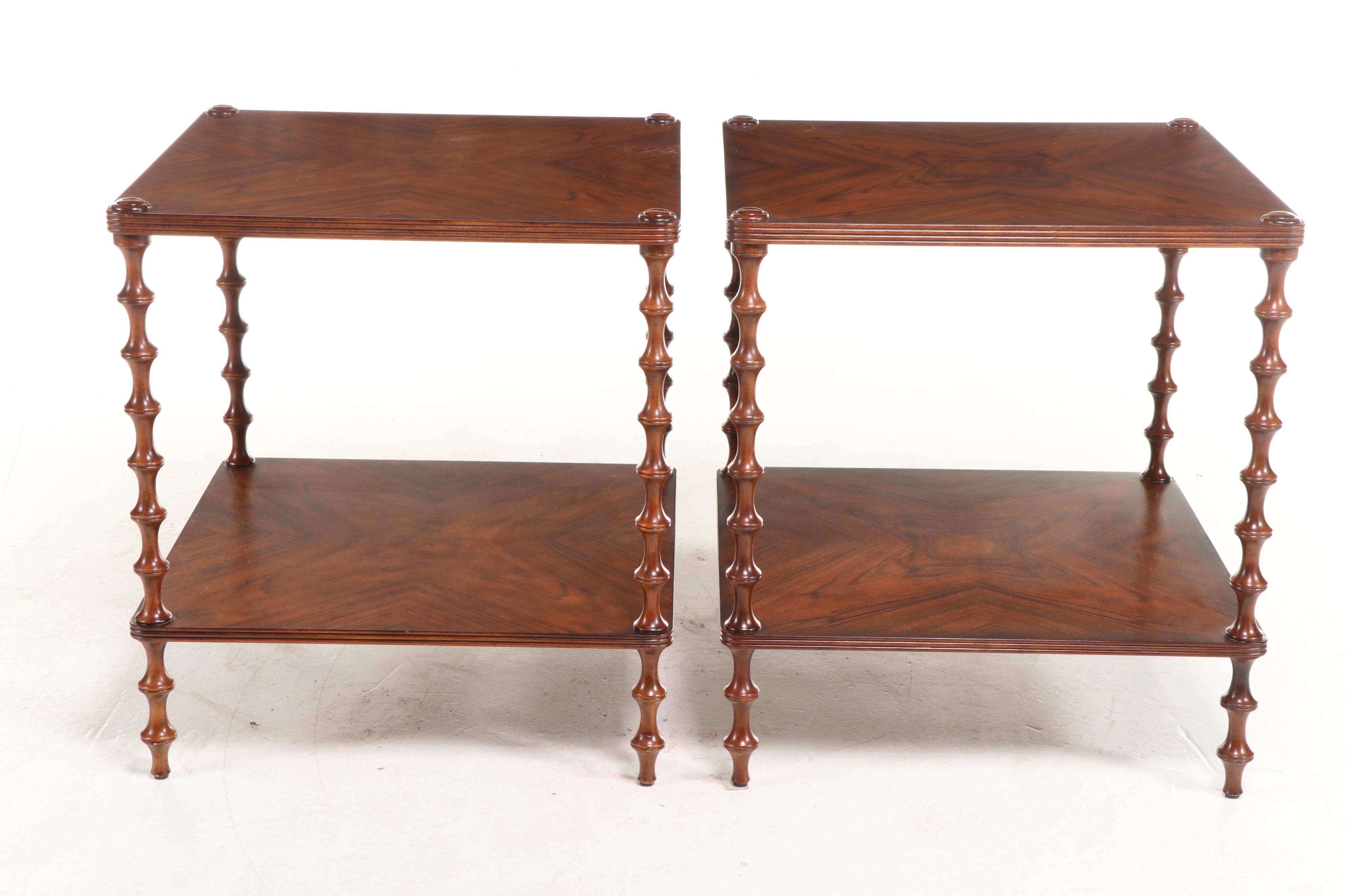 Pair of Theodore Alexander Pacific Walnut Bobbin-Turned Side Tables