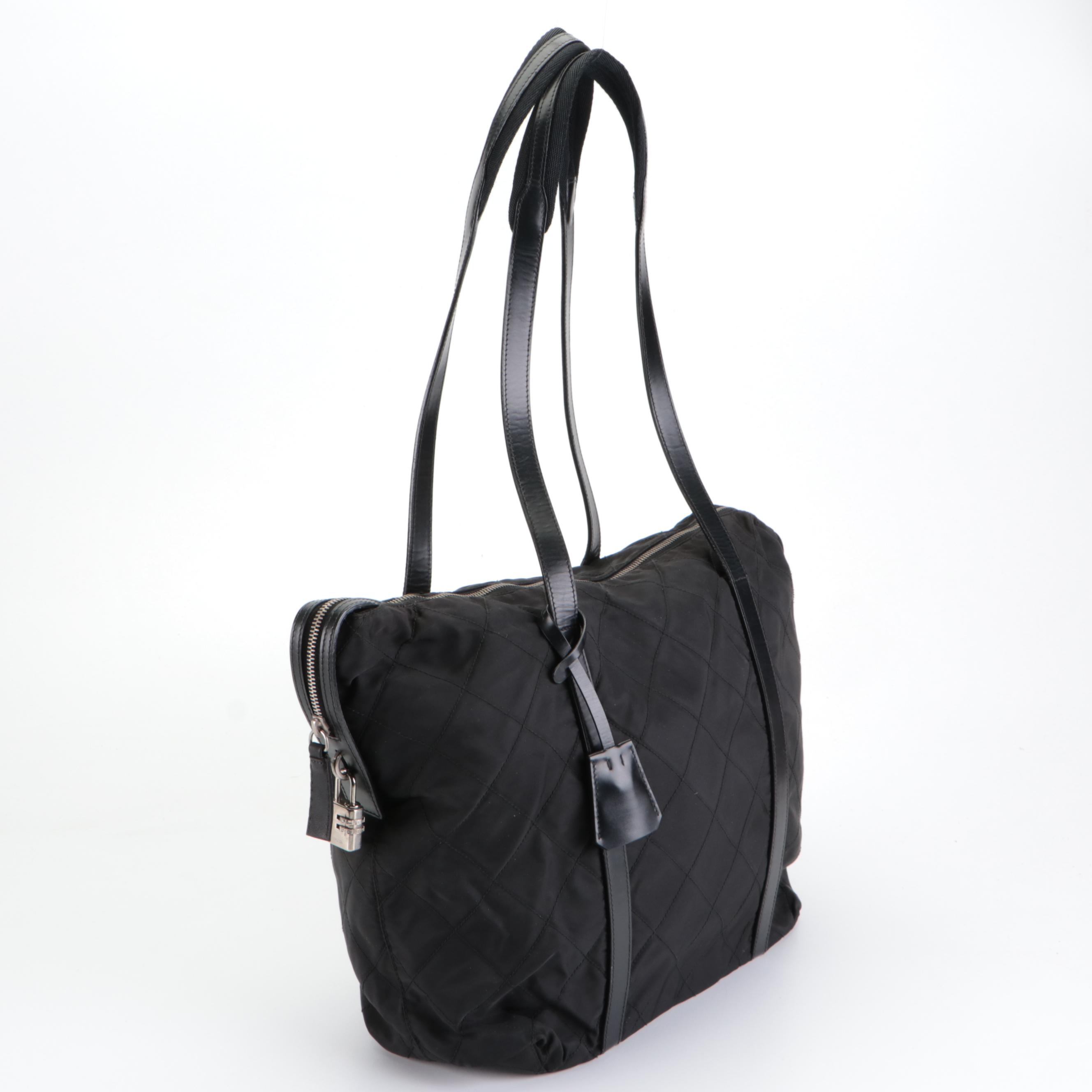 Prada Shoulder Shopper Tote in Black Quilted Nylon Tessuto and Leather