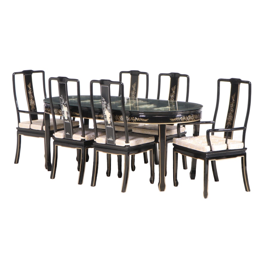 Chinese Black, Gilt, and Polychrome-Lacquered Carlton Dining Table and Chairs