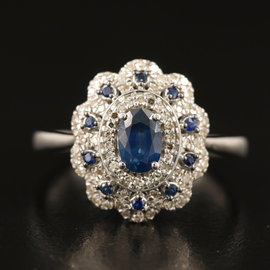 9K Sapphire and Diamond Halo Scalloped Ring