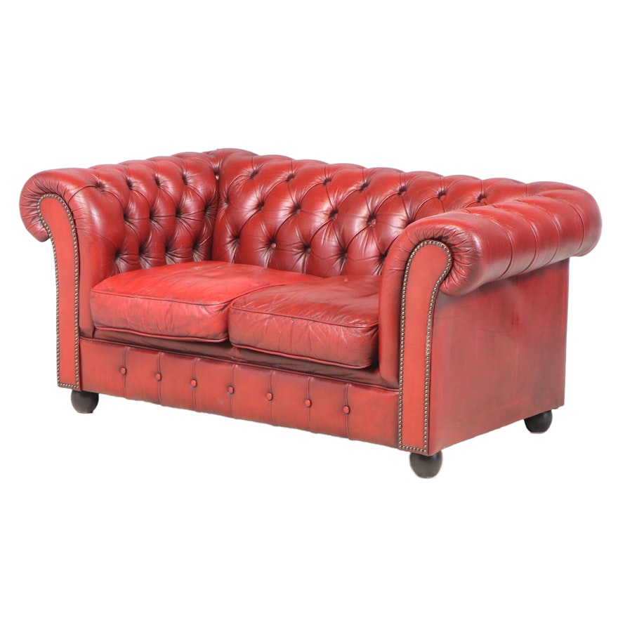 Button-Tufted and Tacked Red Leather Chesterfield Loveseat