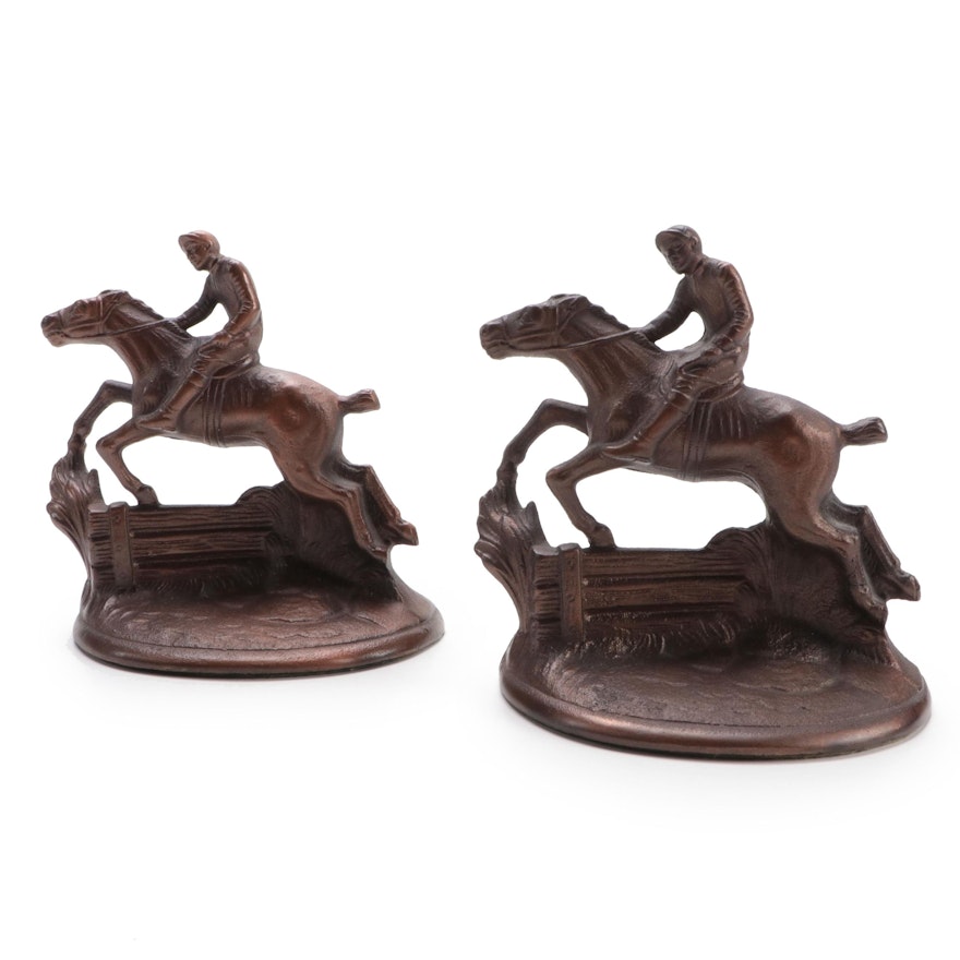 Patinated Cast Iron Steeplechase Jockey Bookends, Mid to Late 20th Century