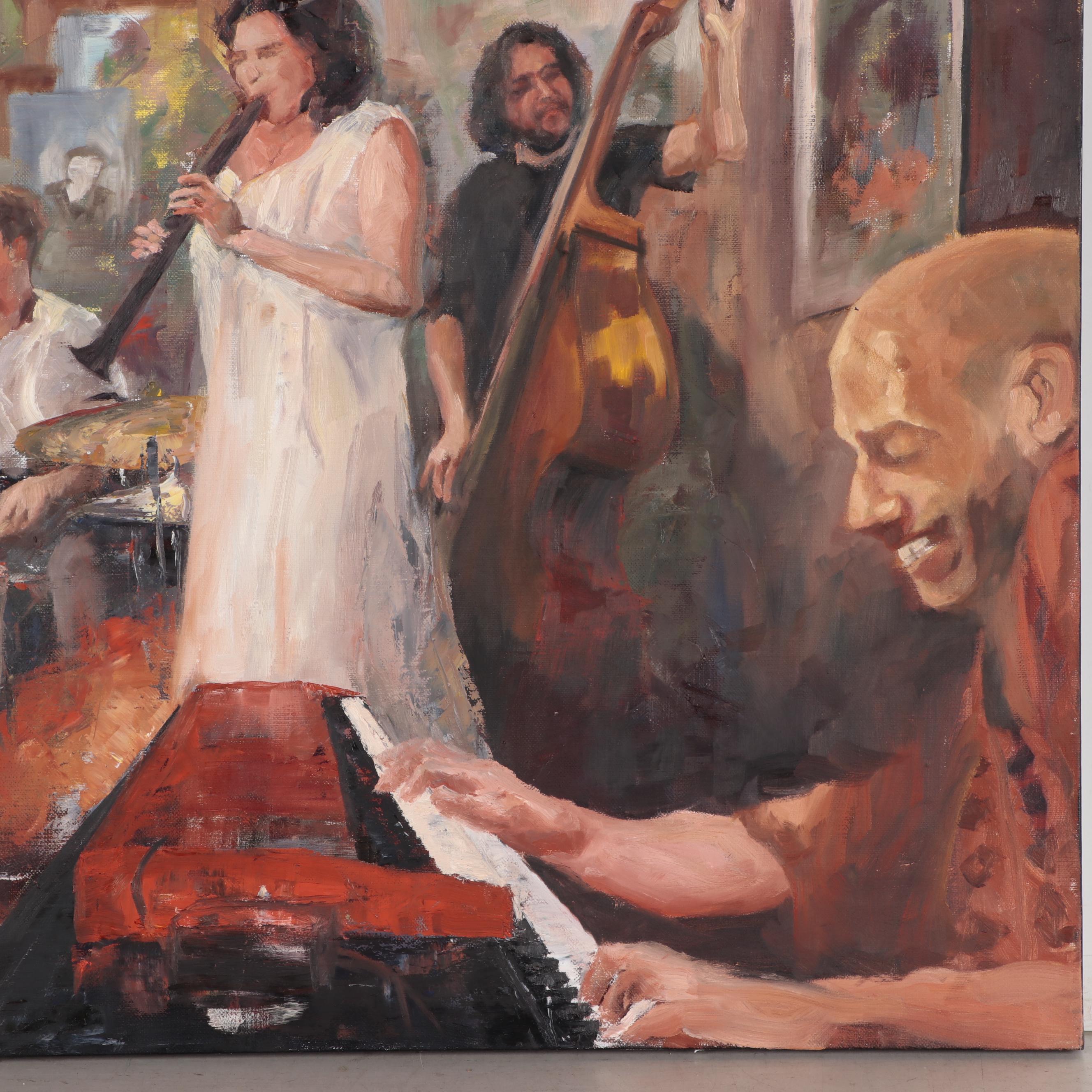 Kaz Ooka Oil Painting "Playing for Guest Musician," 2006