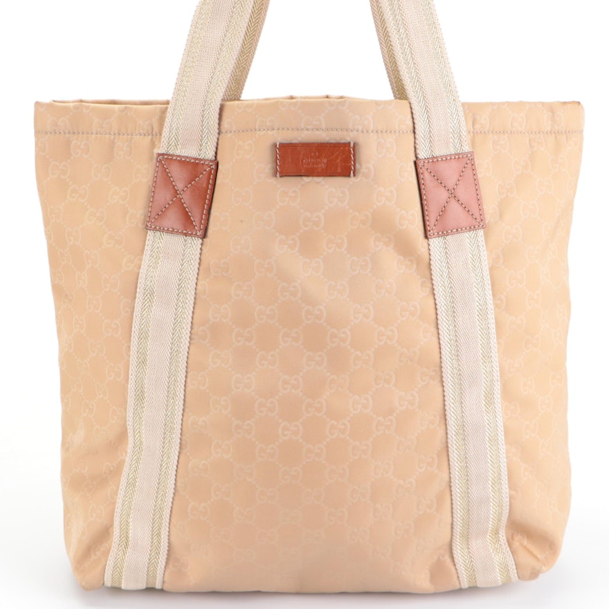 Gucci Shoulder Shopper Tote Bag in Beige GG Twill, Webbing, and Leather Trim