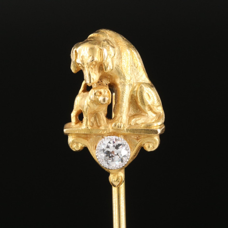 Early 1900s French 18K and Platinum Diamond Mother and Pup Stick Pin