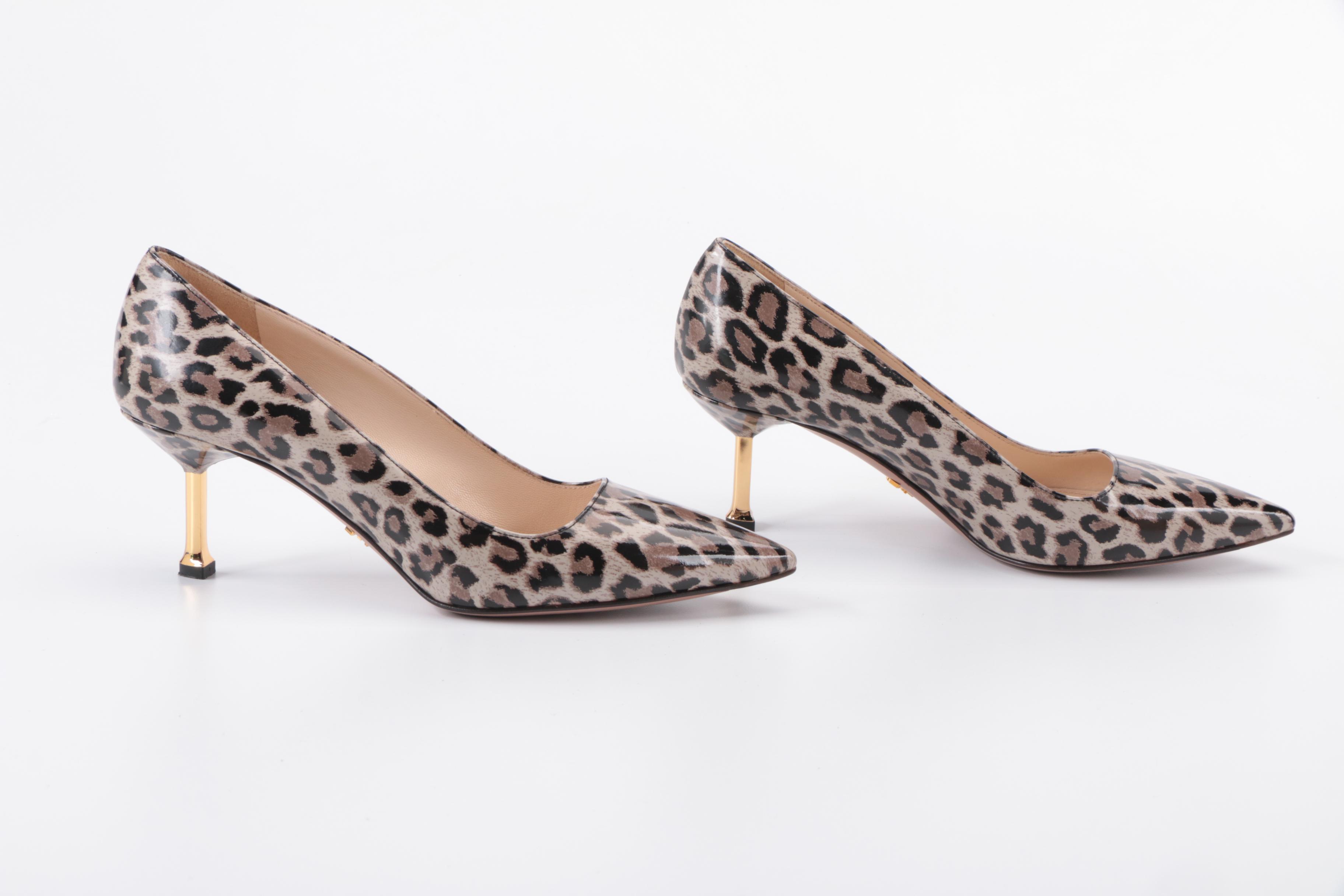 Prada Pointed-Toe Leopard Print Patent Leather Pumps with Gold-Tone Heels in Box