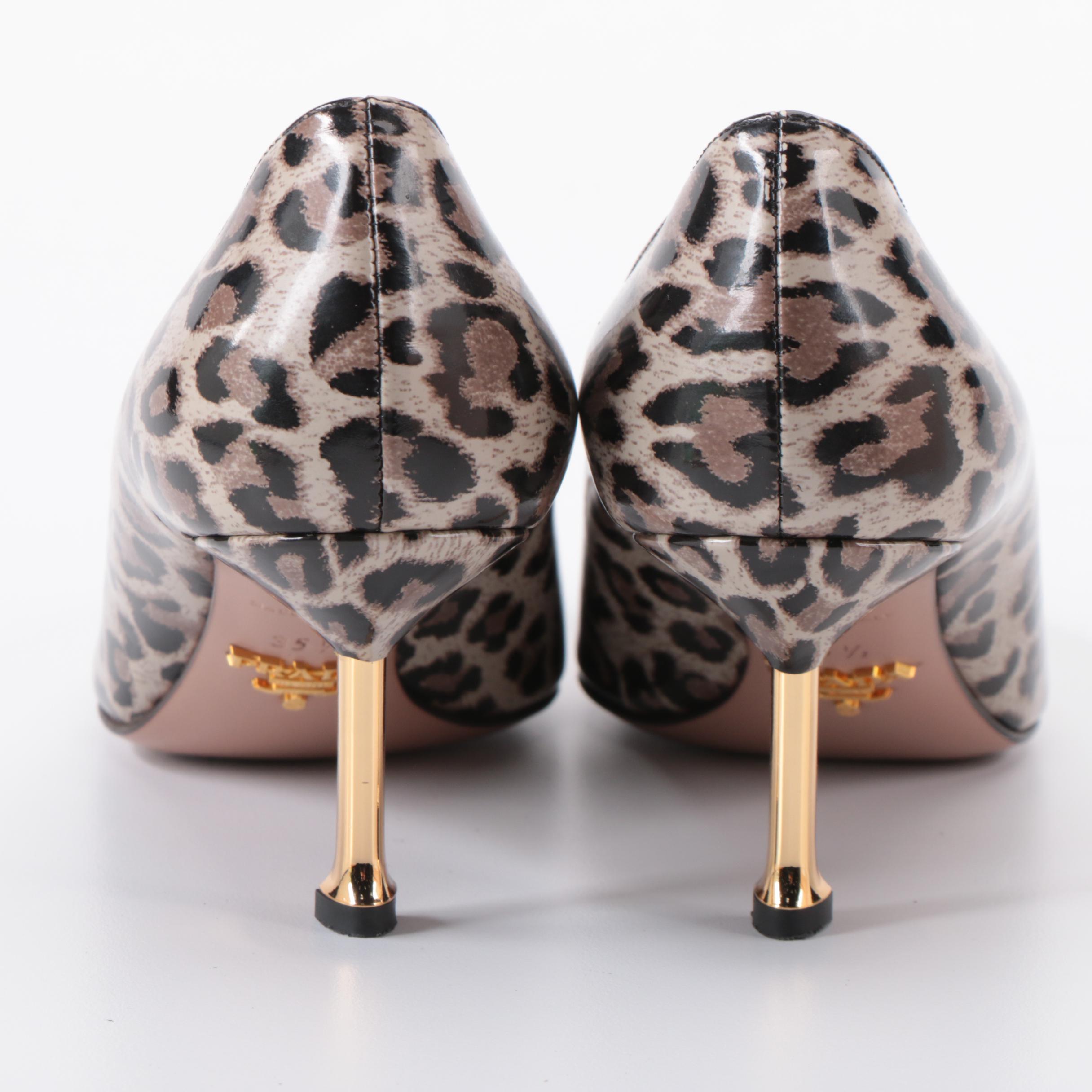 Prada Pointed-Toe Leopard Print Patent Leather Pumps with Gold-Tone Heels in Box