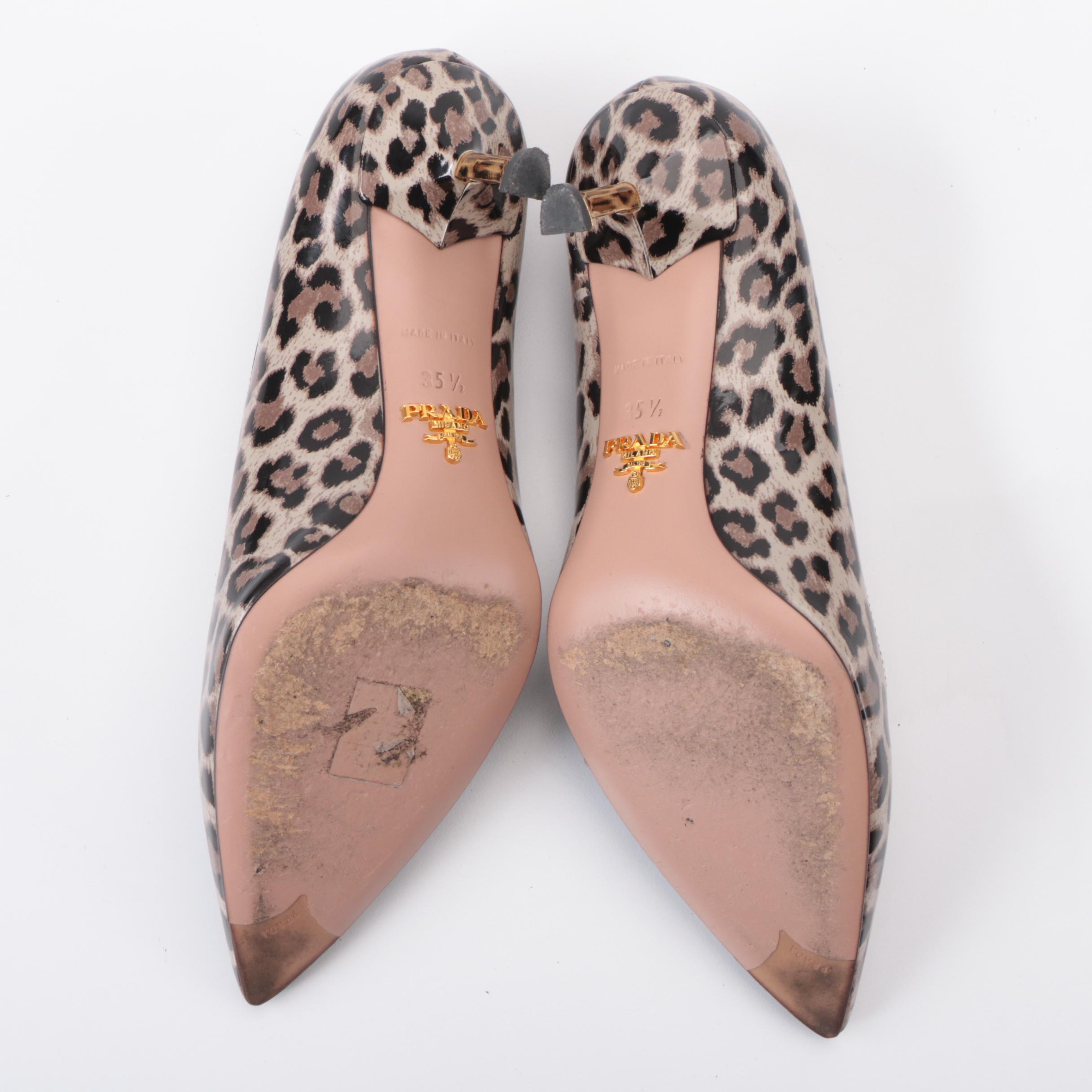 Prada Pointed-Toe Leopard Print Patent Leather Pumps with Gold-Tone Heels in Box