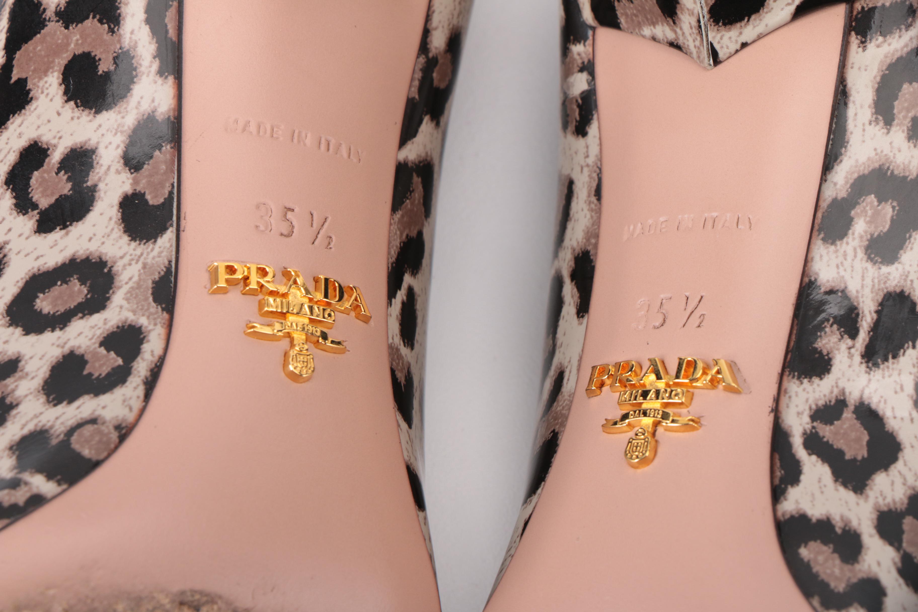 Prada Pointed-Toe Leopard Print Patent Leather Pumps with Gold-Tone Heels in Box